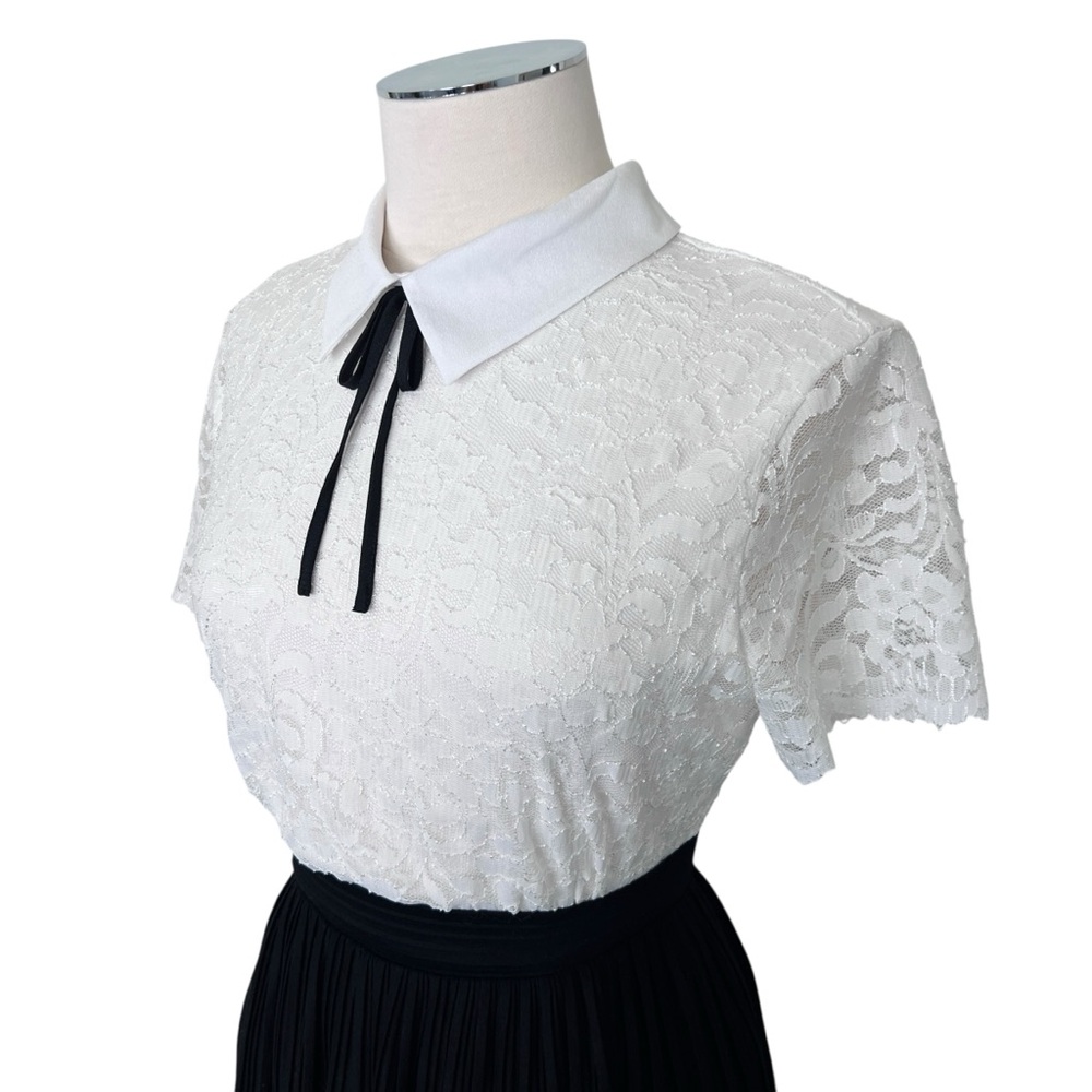 KARL LAGERFELD Peter Pan Collar Black Tie Short Sleeve Lace Top Blouse White M - Picture 3 of 17